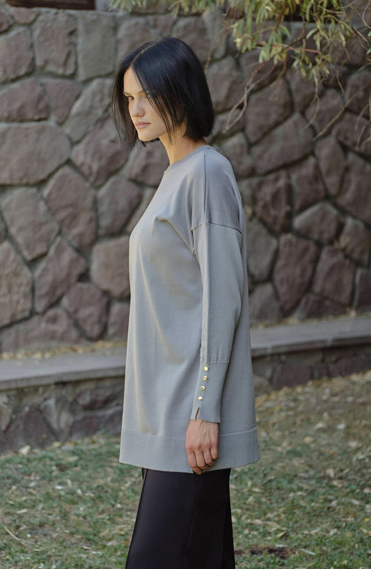 Gold Düğmeli Gri Basic Merserize Triko Kazak - Fatma Atasoy