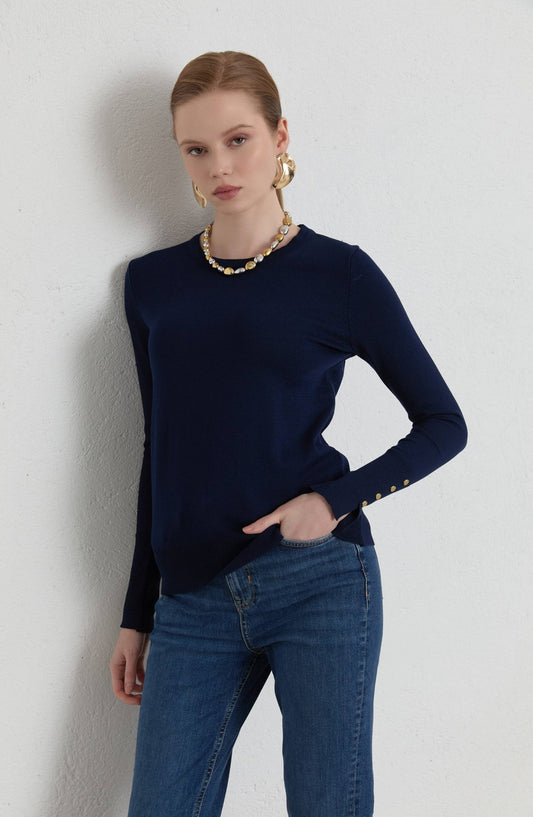 Gold Düğmeli Kısa Basic Merserize Triko Kazak - Fatma Atasoy