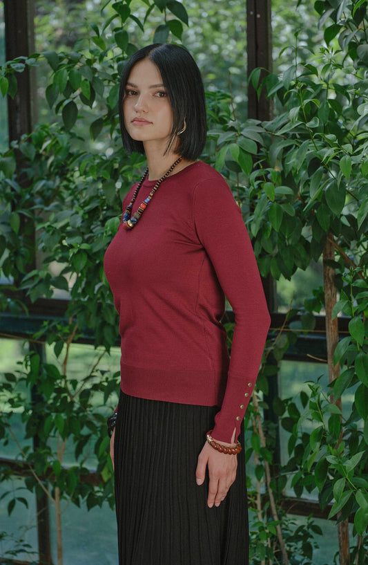 Gold Düğmeli Kısa Bordo Basic Merserize Triko Kazak - Fatma Atasoy