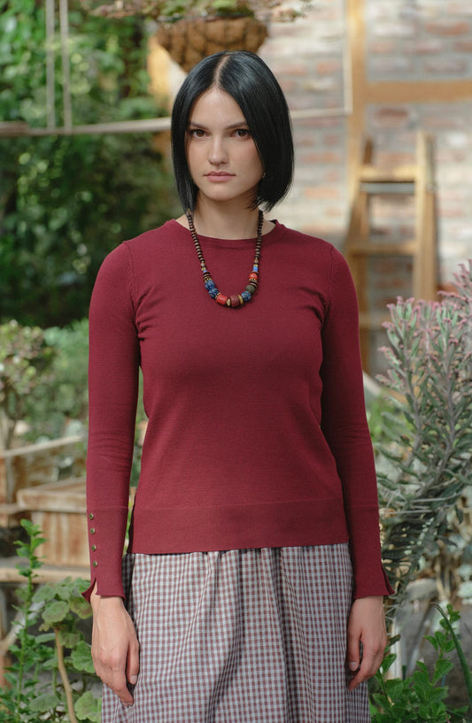 Gold Düğmeli Kısa Bordo Basic Merserize Triko Kazak - Fatma Atasoy