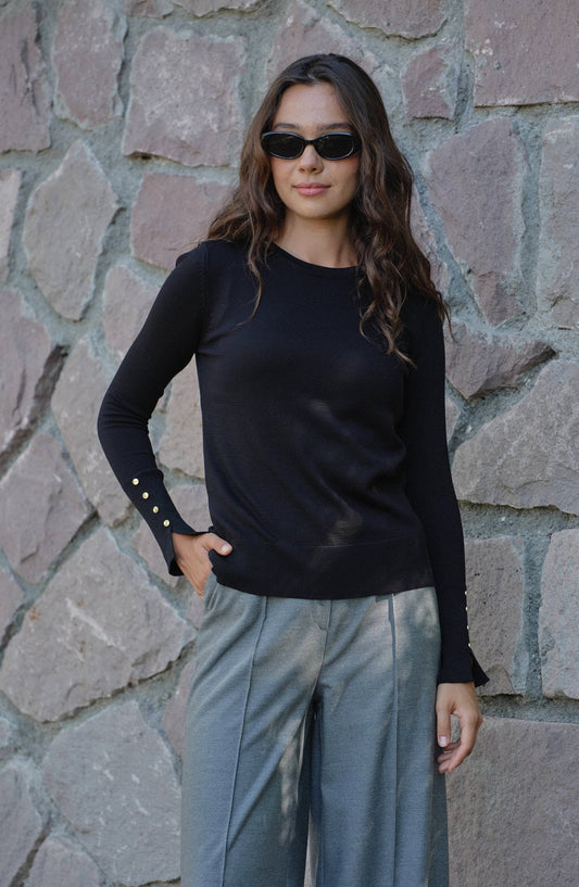 Gold Düğmeli Kısa Siyah Basic Merserize Triko Kazak - Fatma Atasoy