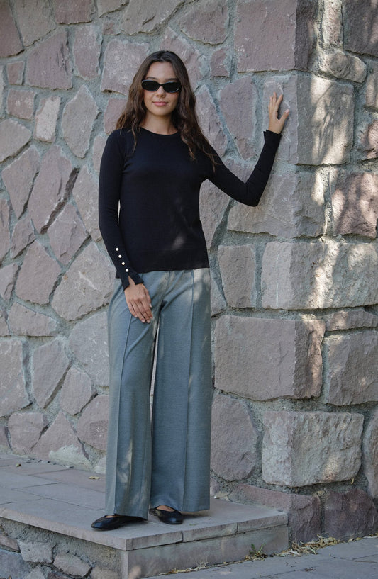 Gold Düğmeli Kısa Siyah Basic Merserize Triko Kazak - Fatma Atasoy