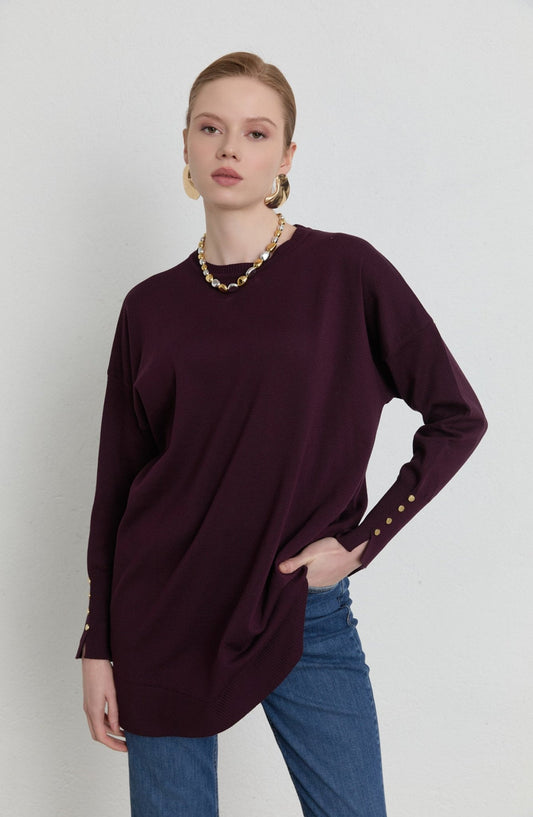 Gold Düğmeli Mürdüm Basic Merserize Triko Kazak - Fatma Atasoy