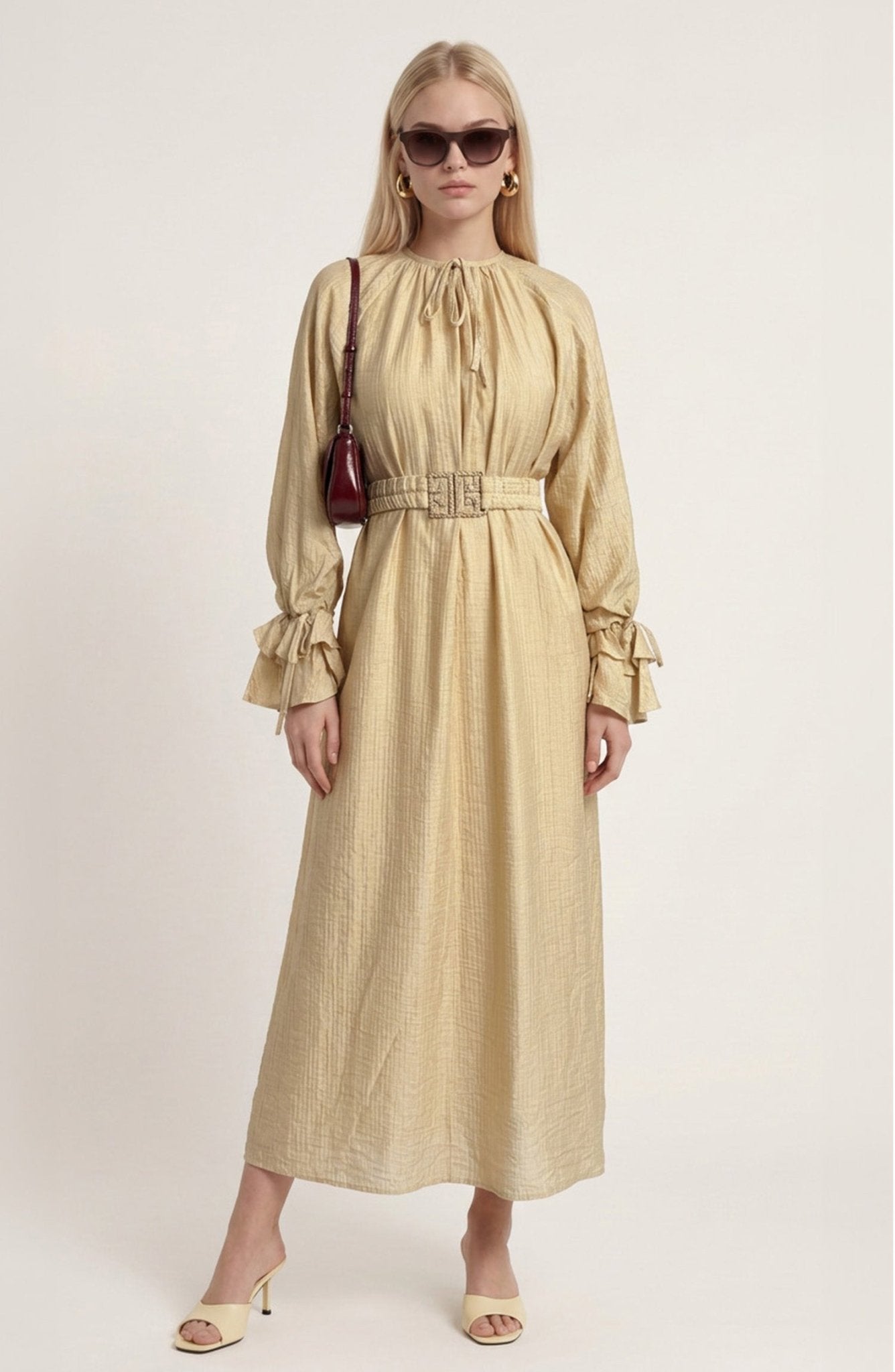 Gold Kemerli Antik Sarı Soft Touch Tensel Elbise - Fatma Atasoy