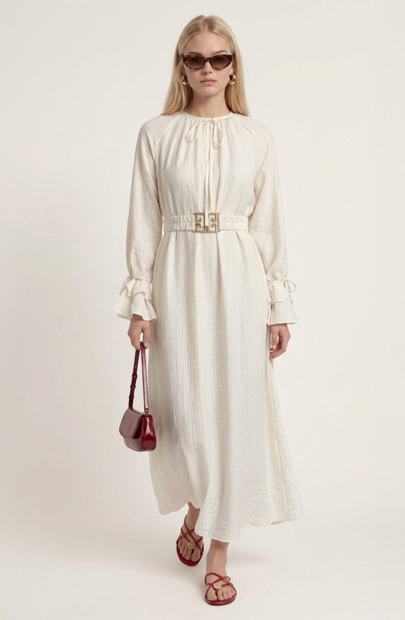 Gold Kemerli Ekru Soft Touch Tensel Elbise - Fatma Atasoy
