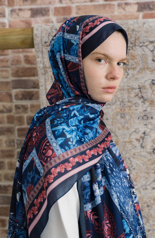 Hibisca Lacivert Etnik Desenli Şal - Fatma Atasoy