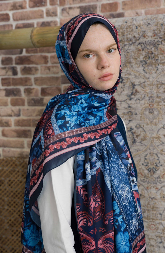 Hibisca Lacivert Etnik Desenli Şal - Fatma Atasoy