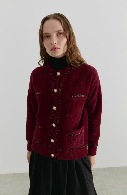 İnci Düğmeli Bordo Yumoş Triko Hırka - Fatma Atasoy