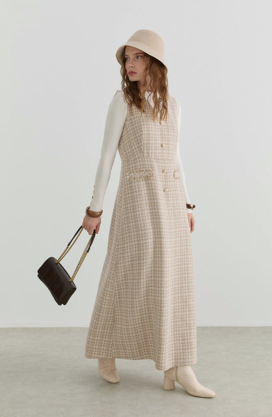 İnci Düğmeli Sütlü Kahve Tüvit Jile - Fatma Atasoy