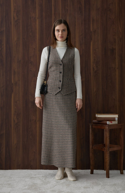 Kazayağı Yelek Etek Takım Kahve - Fatma Atasoy