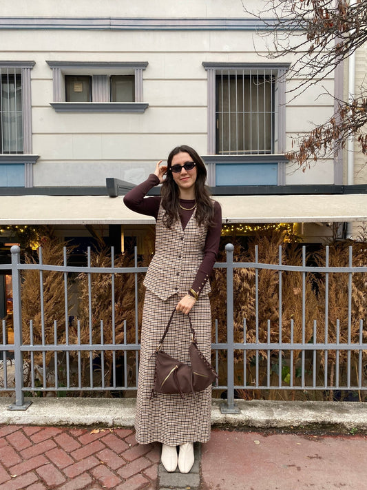 Kazayağı Yelek Etek Takım Sütlü Kahve - Fatma Atasoy