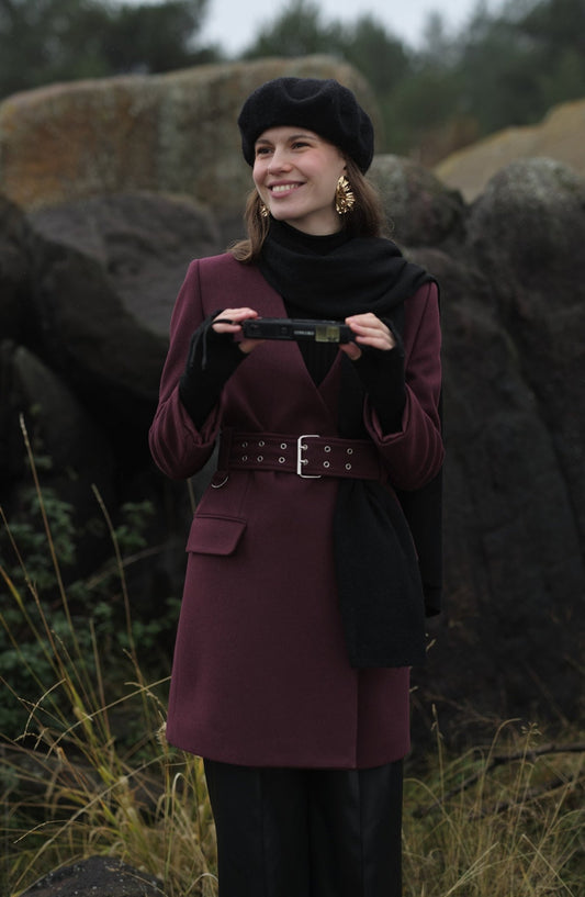 Kemerli Bordo Kaşmir Ceket Kaban - Fatma Atasoy