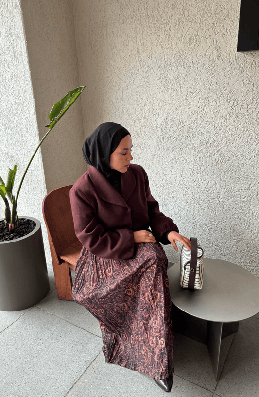 Kemerli Crash Bordo Etnik Desen Şifon Etek - Fatma Atasoy