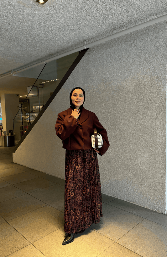 Kemerli Crash Bordo Etnik Desen Şifon Etek - Fatma Atasoy