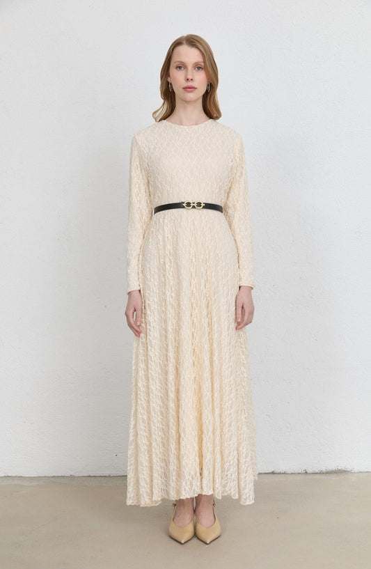 Kemerli Ekru Dantel Elbise - Fatma Atasoy