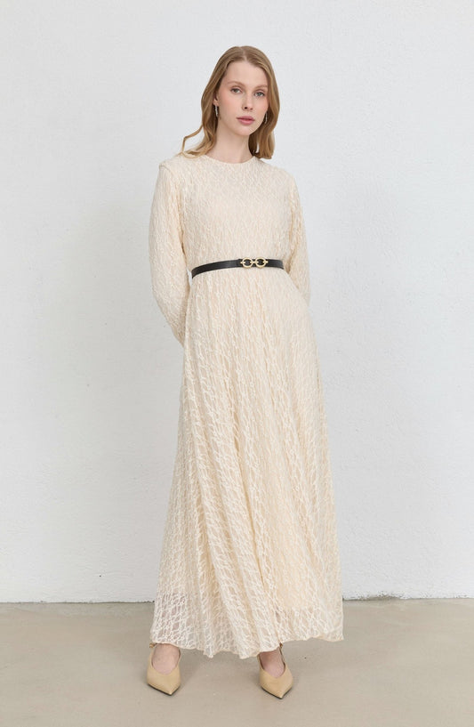 Kemerli Ekru Dantel Elbise - Fatma Atasoy