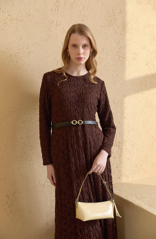 Kemerli Kahverengi Dantel Elbise - Fatma Atasoy