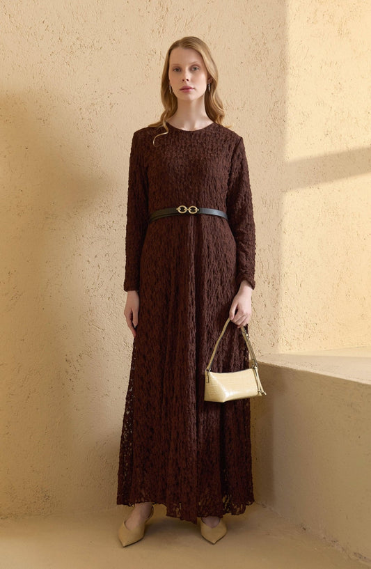 Kemerli Kahverengi Dantel Elbise - Fatma Atasoy