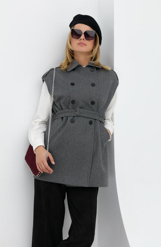 Kemerli Kaşe Oversize Antrasit Midi Yelek - Fatma Atasoy