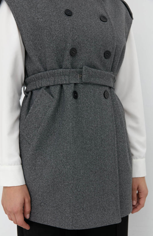 Kemerli Kaşe Oversize Antrasit Midi Yelek - Fatma Atasoy