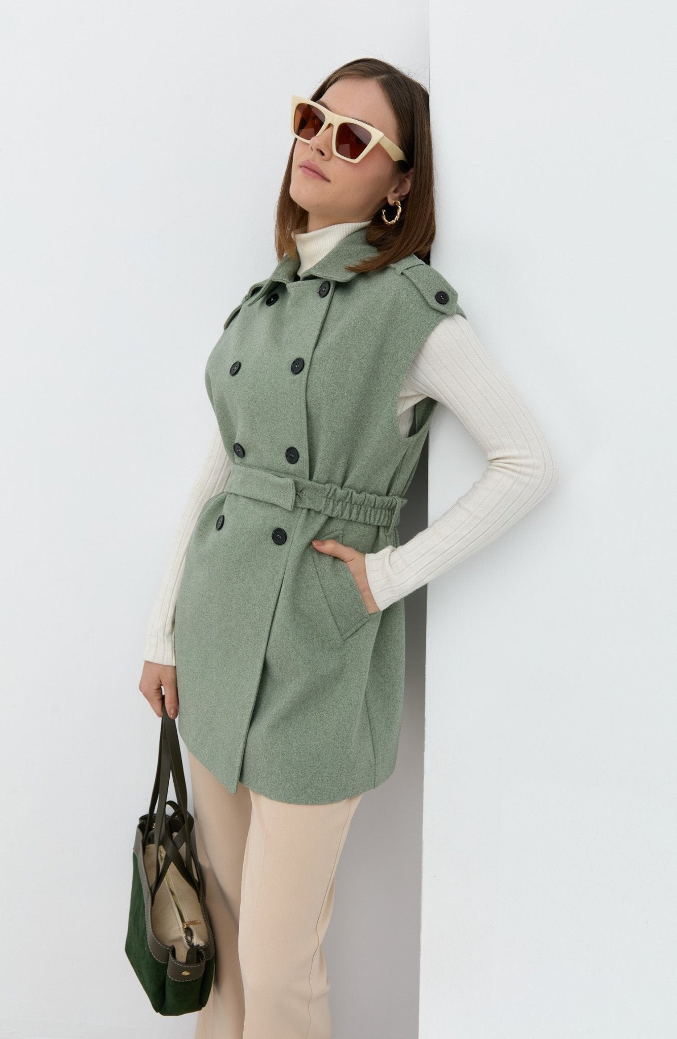 Kemerli Kaşe Oversize Mint Midi Yelek - Fatma Atasoy