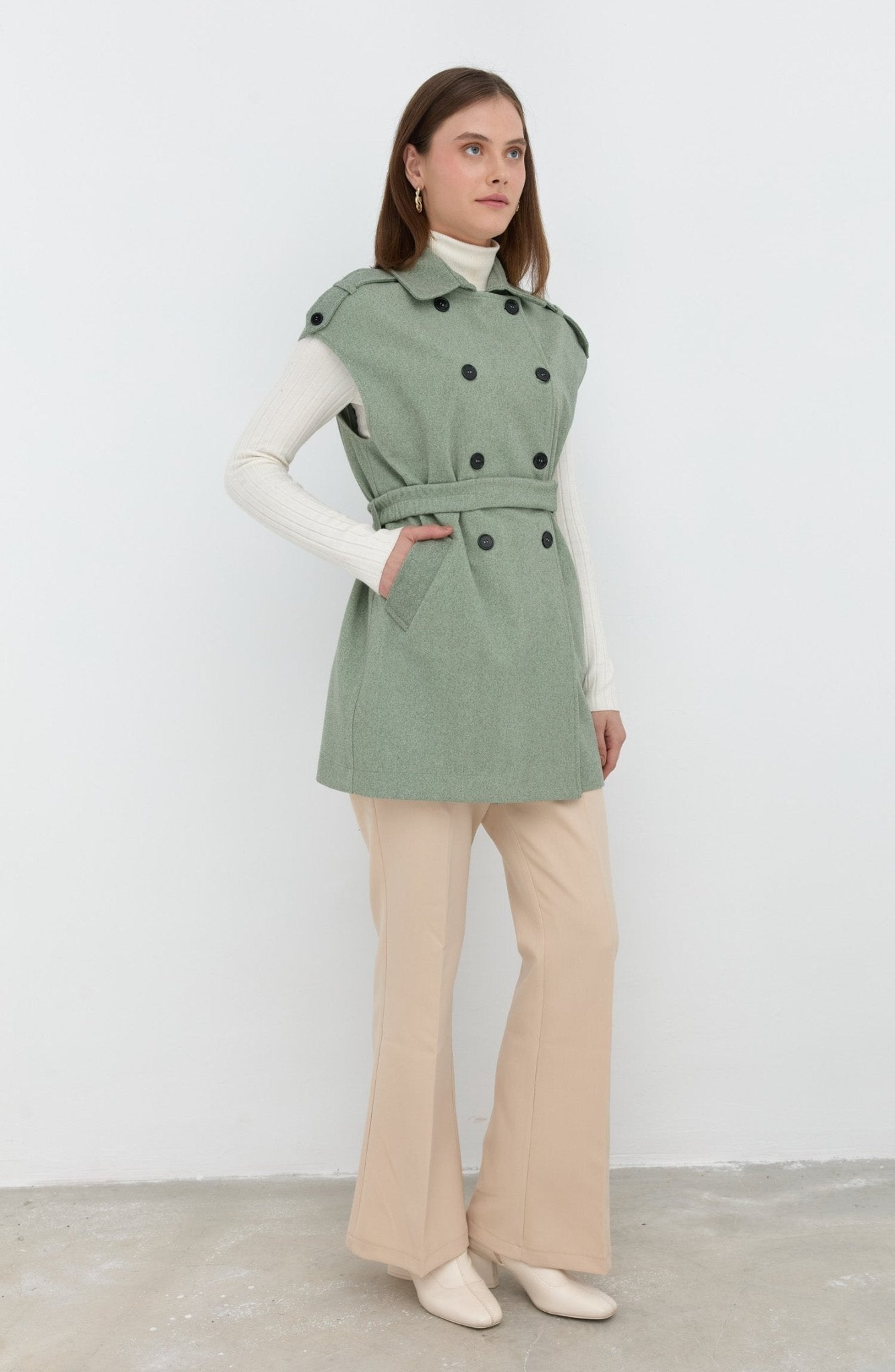 Kemerli Kaşe Oversize Mint Midi Yelek - Fatma Atasoy