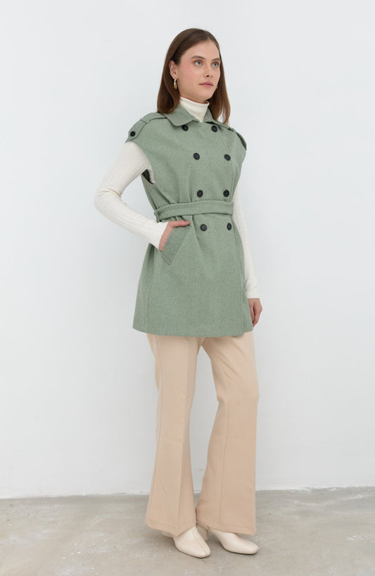 Kemerli Kaşe Oversize Mint Midi Yelek - Fatma Atasoy