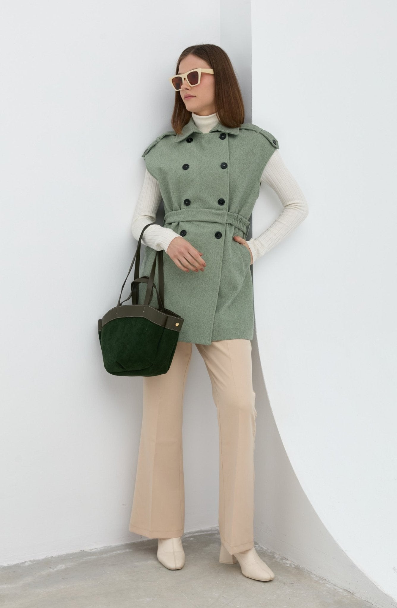 Kemerli Kaşe Oversize Mint Midi Yelek - Fatma Atasoy