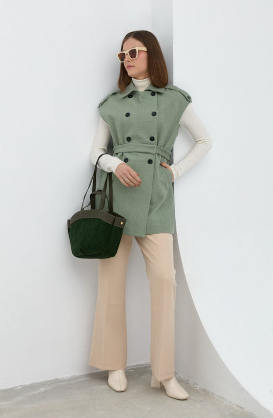 Kemerli Kaşe Oversize Mint Midi Yelek - Fatma Atasoy