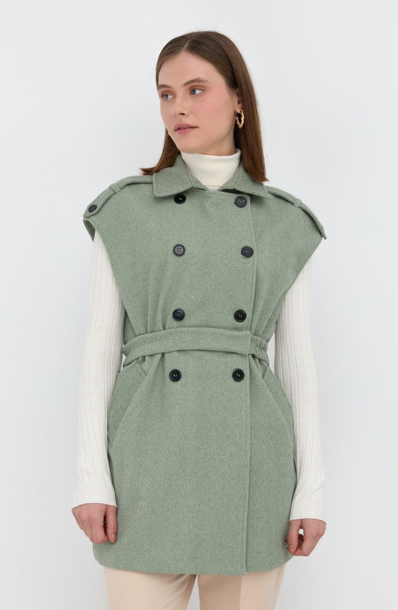 Kemerli Kaşe Oversize Mint Midi Yelek - Fatma Atasoy