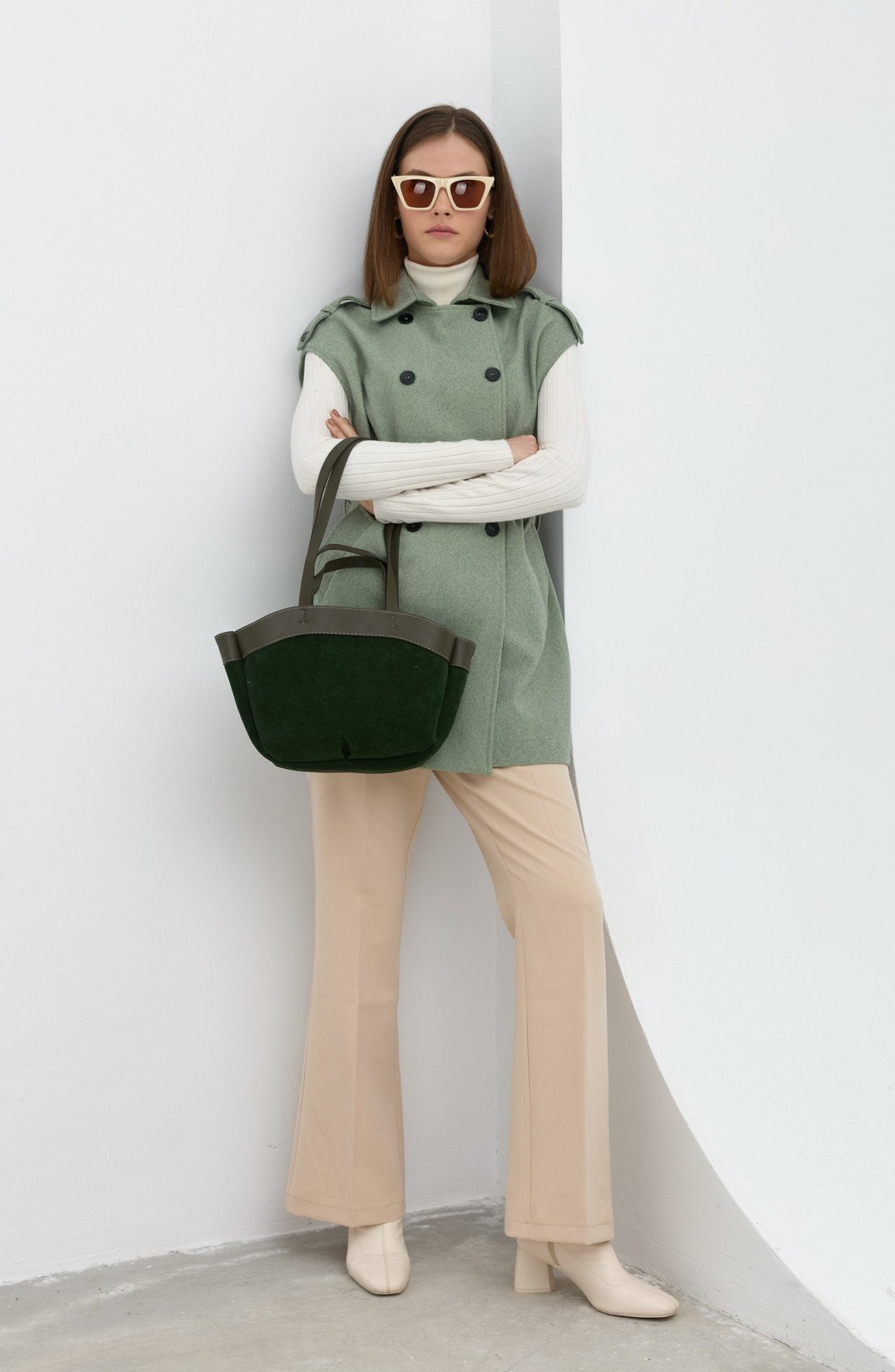 Kemerli Kaşe Oversize Mint Midi Yelek - Fatma Atasoy