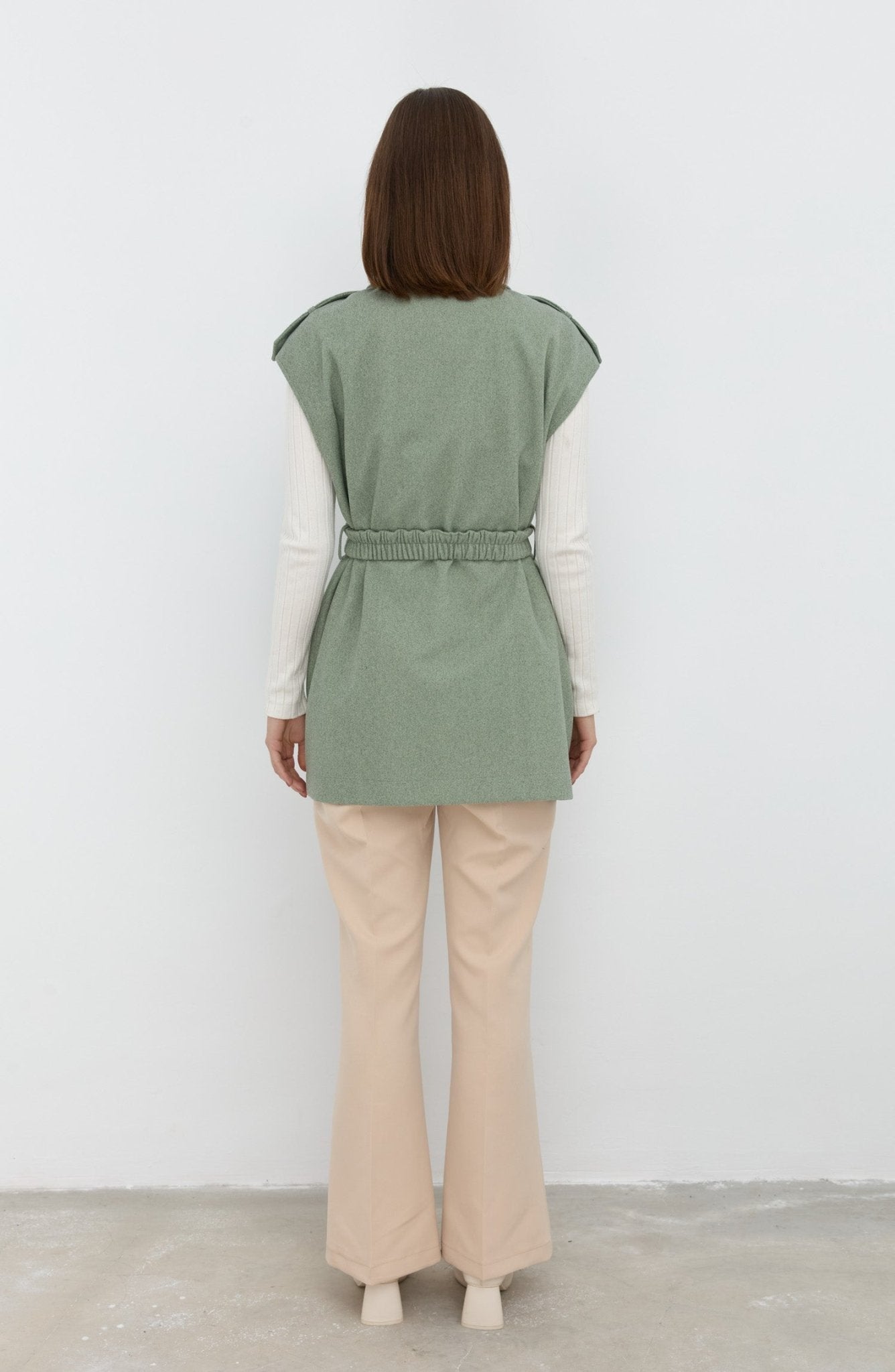 Kemerli Kaşe Oversize Mint Midi Yelek - Fatma Atasoy