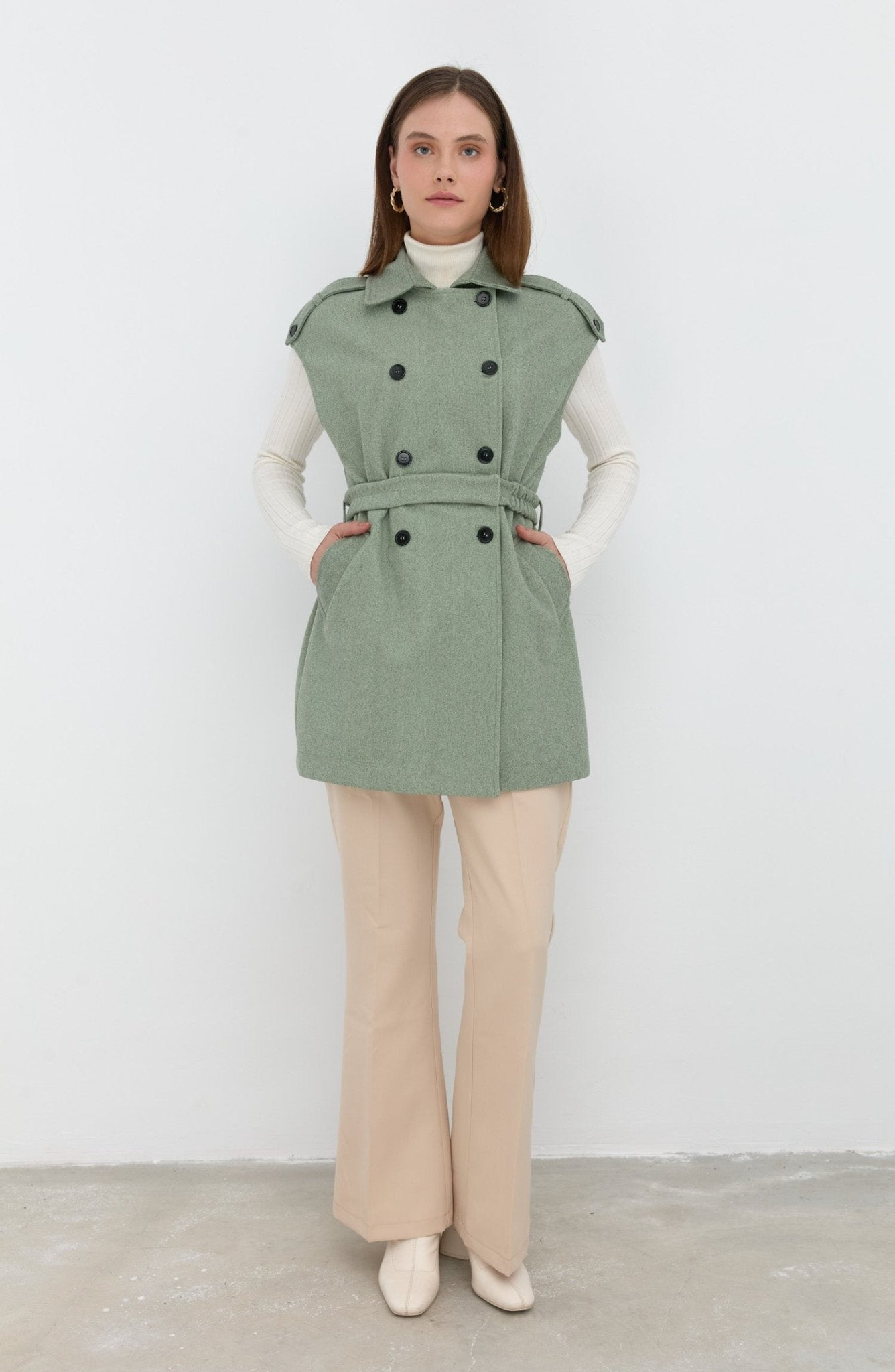 Kemerli Kaşe Oversize Mint Midi Yelek - Fatma Atasoy