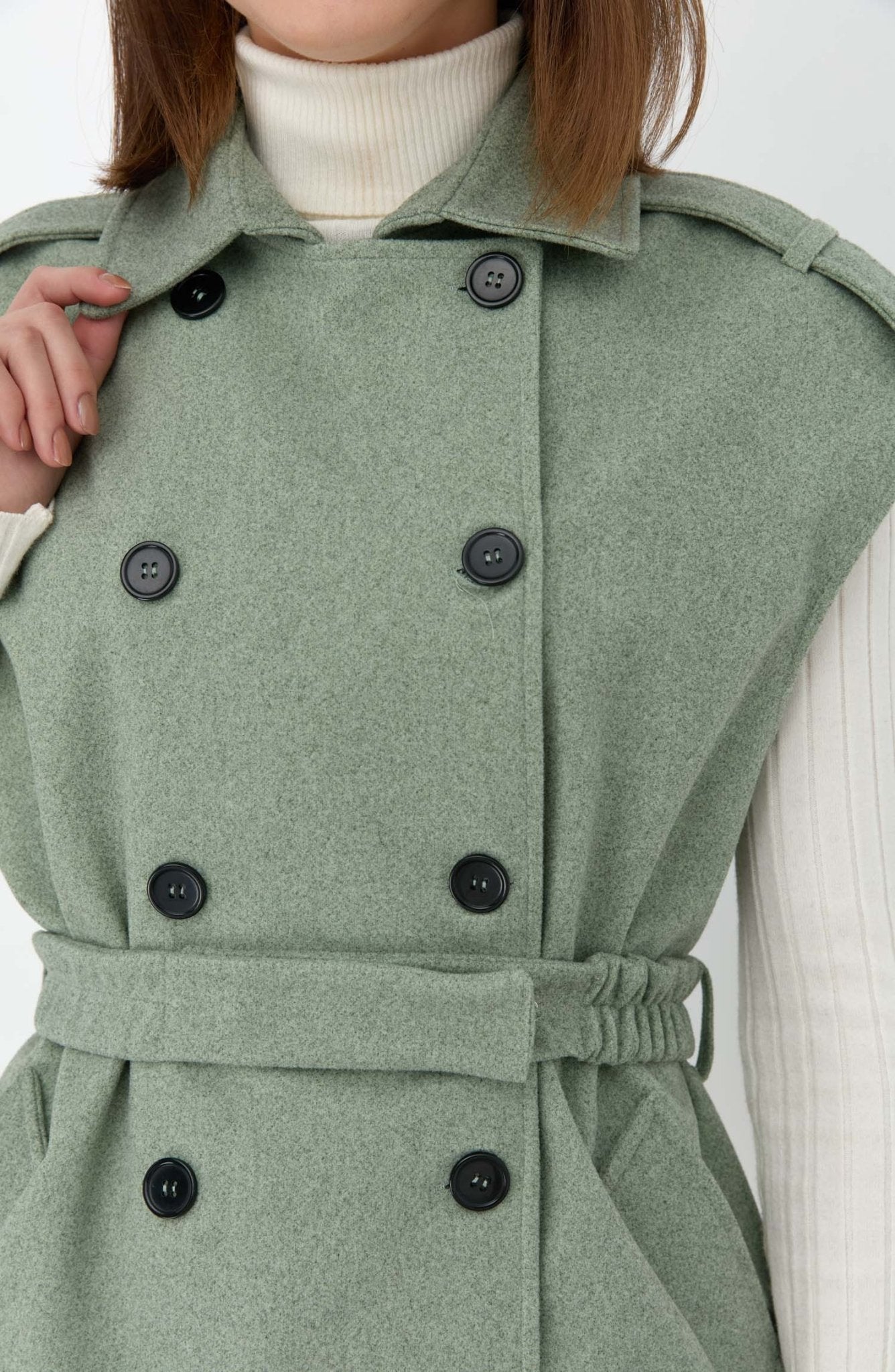 Kemerli Kaşe Oversize Mint Midi Yelek - Fatma Atasoy