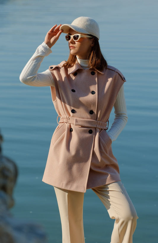 Kemerli Kaşe Oversize Pudra Midi Yelek - Fatma Atasoy