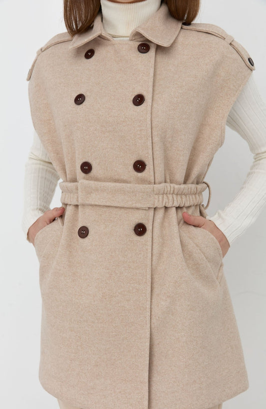 Kemerli Kaşe Oversize Taş Midi Yelek - Fatma Atasoy