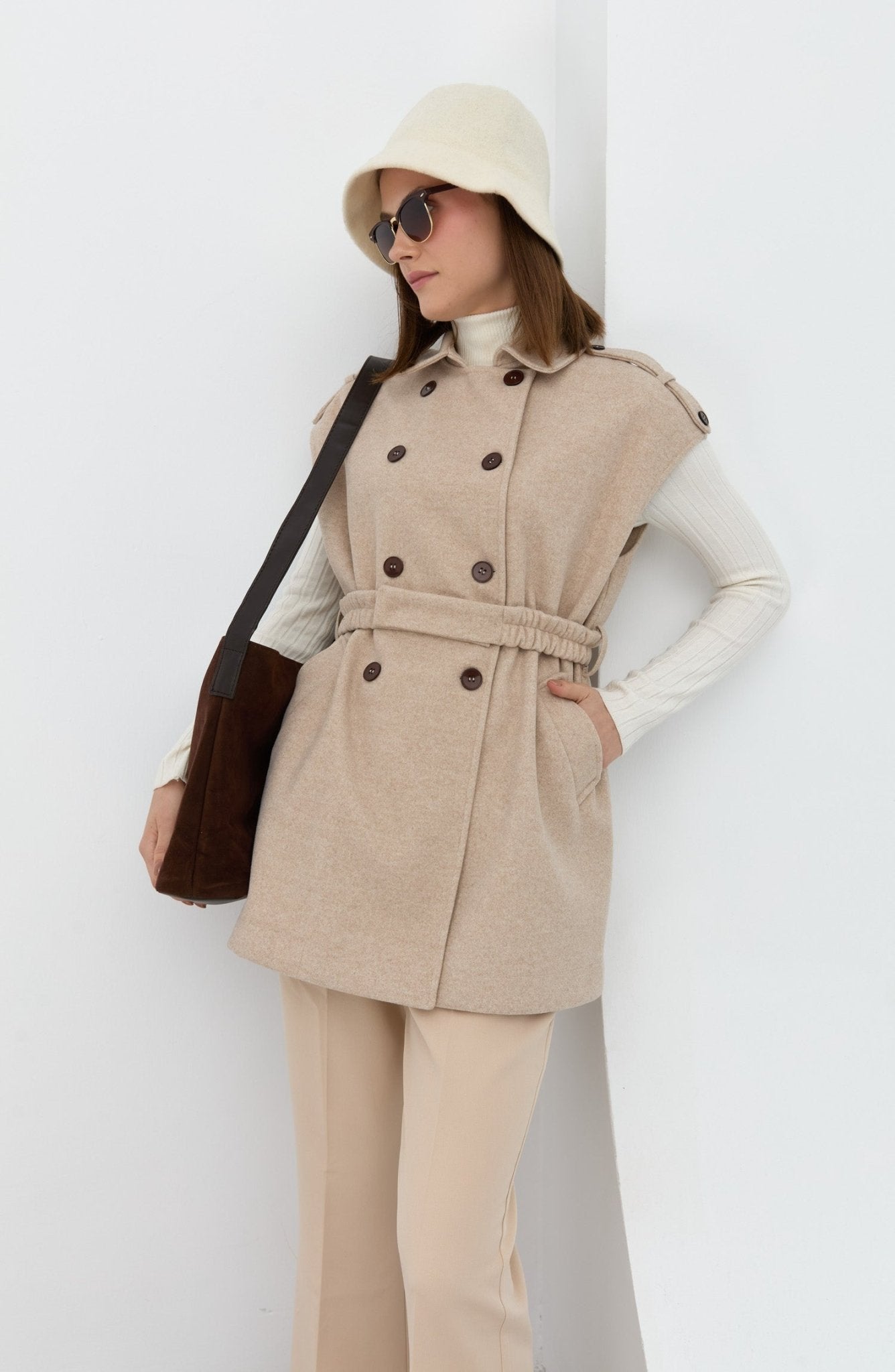 Kemerli Kaşe Oversize Taş Midi Yelek - Fatma Atasoy