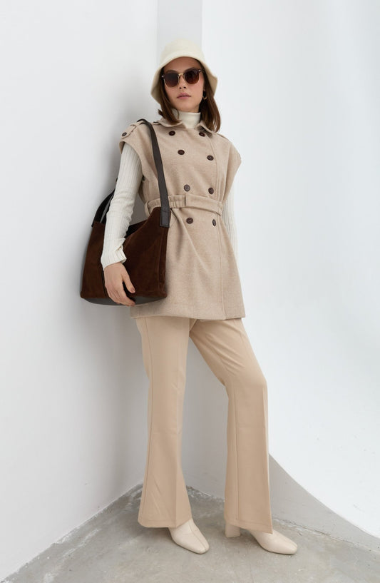 Kemerli Kaşe Oversize Taş Midi Yelek - Fatma Atasoy