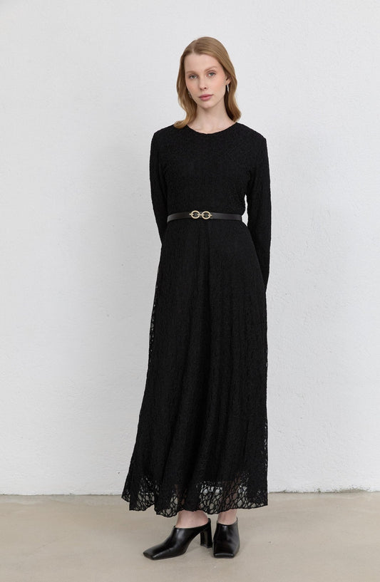 Kemerli Siyah Dantel Elbise - Fatma Atasoy