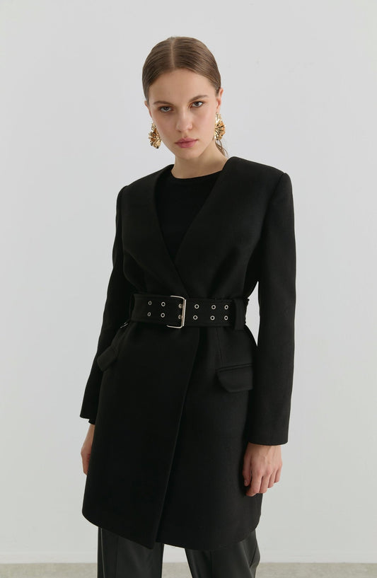Kemerli Siyah Kaşmir Ceket Kaban - Fatma Atasoy