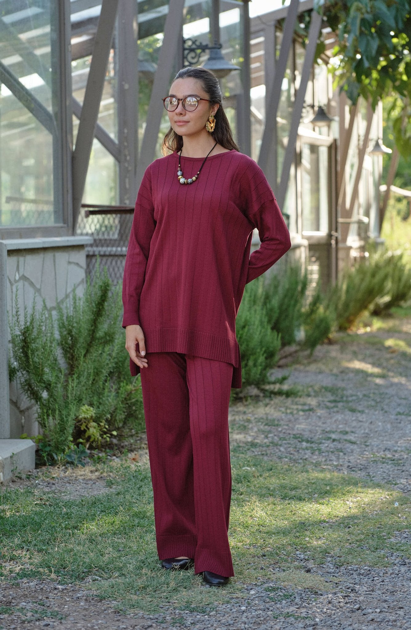 Kendinden Çizgili Bordo Basic Merserize Triko İkili Takım - Fatma Atasoy