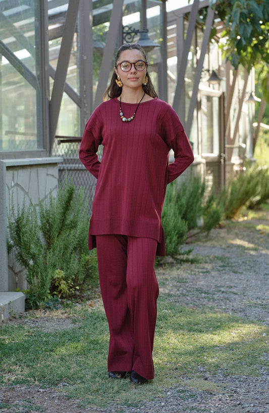 Kendinden Çizgili Bordo Basic Merserize Triko İkili Takım - Fatma Atasoy