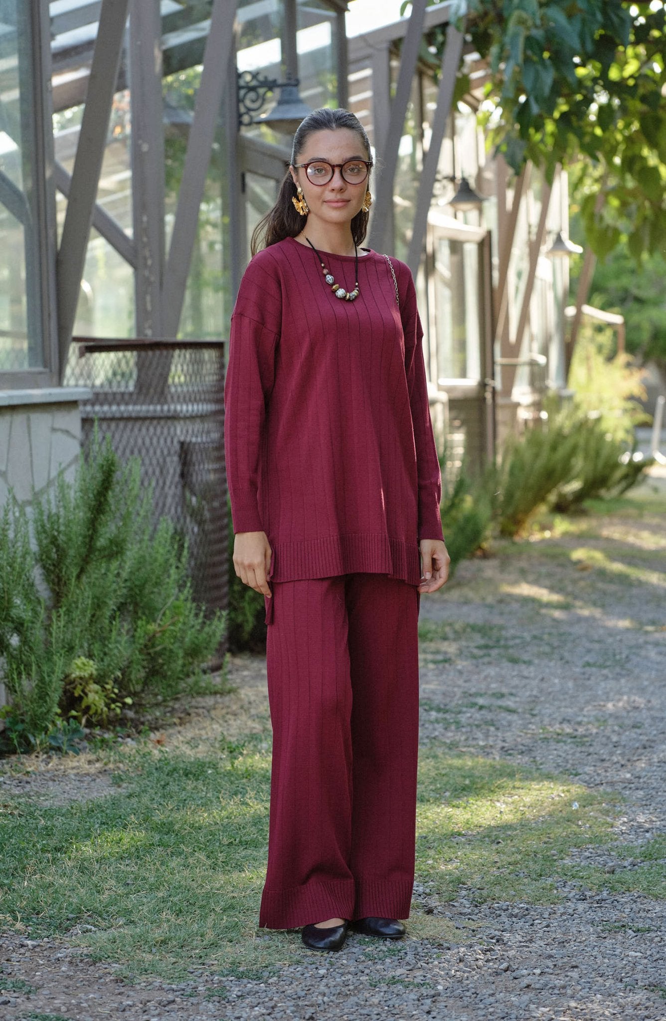 Kendinden Çizgili Bordo Basic Merserize Triko İkili Takım - Fatma Atasoy
