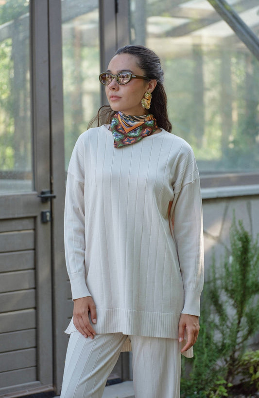 Kendinden Çizgili Ekru Basic Merserize Triko İkili Takım - Fatma Atasoy