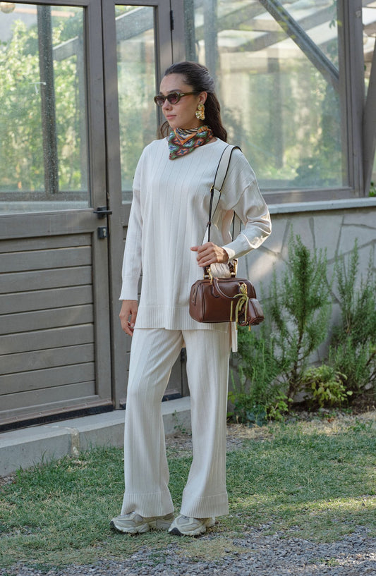 Kendinden Çizgili Ekru Basic Merserize Triko İkili Takım - Fatma Atasoy