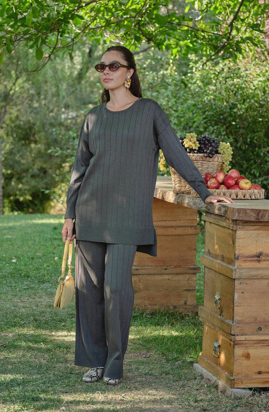 Kendinden Çizgili Haki Basic Merserize Triko İkili Takım - Fatma Atasoy