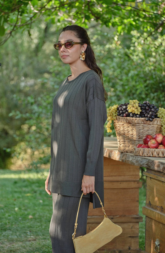 Kendinden Çizgili Haki Basic Merserize Triko İkili Takım - Fatma Atasoy