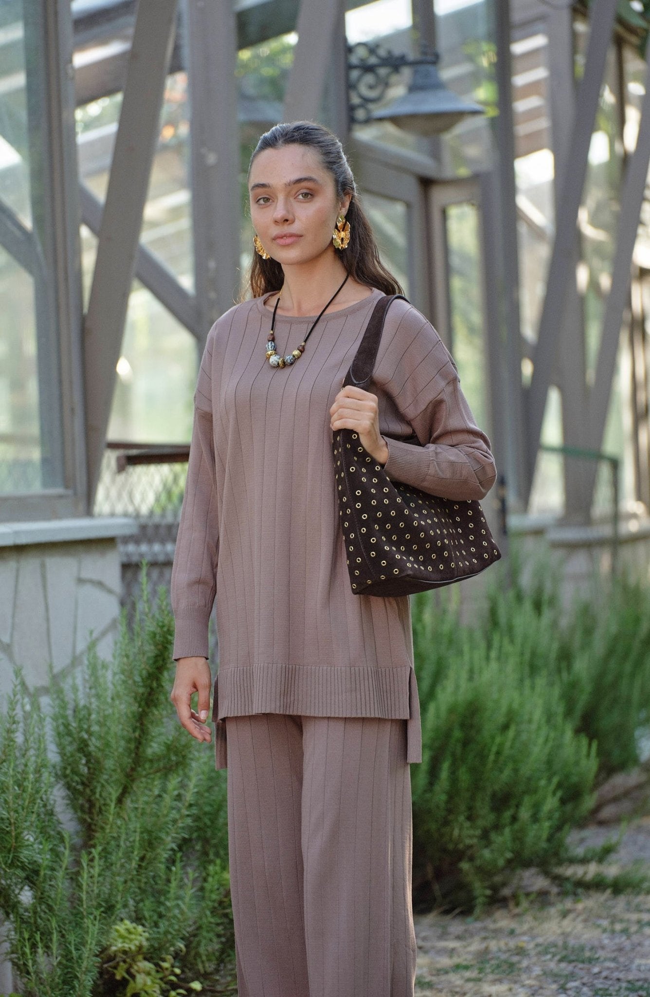 Kendinden Çizgili Mocha Basic Merserize Triko İkili Takım - Fatma Atasoy