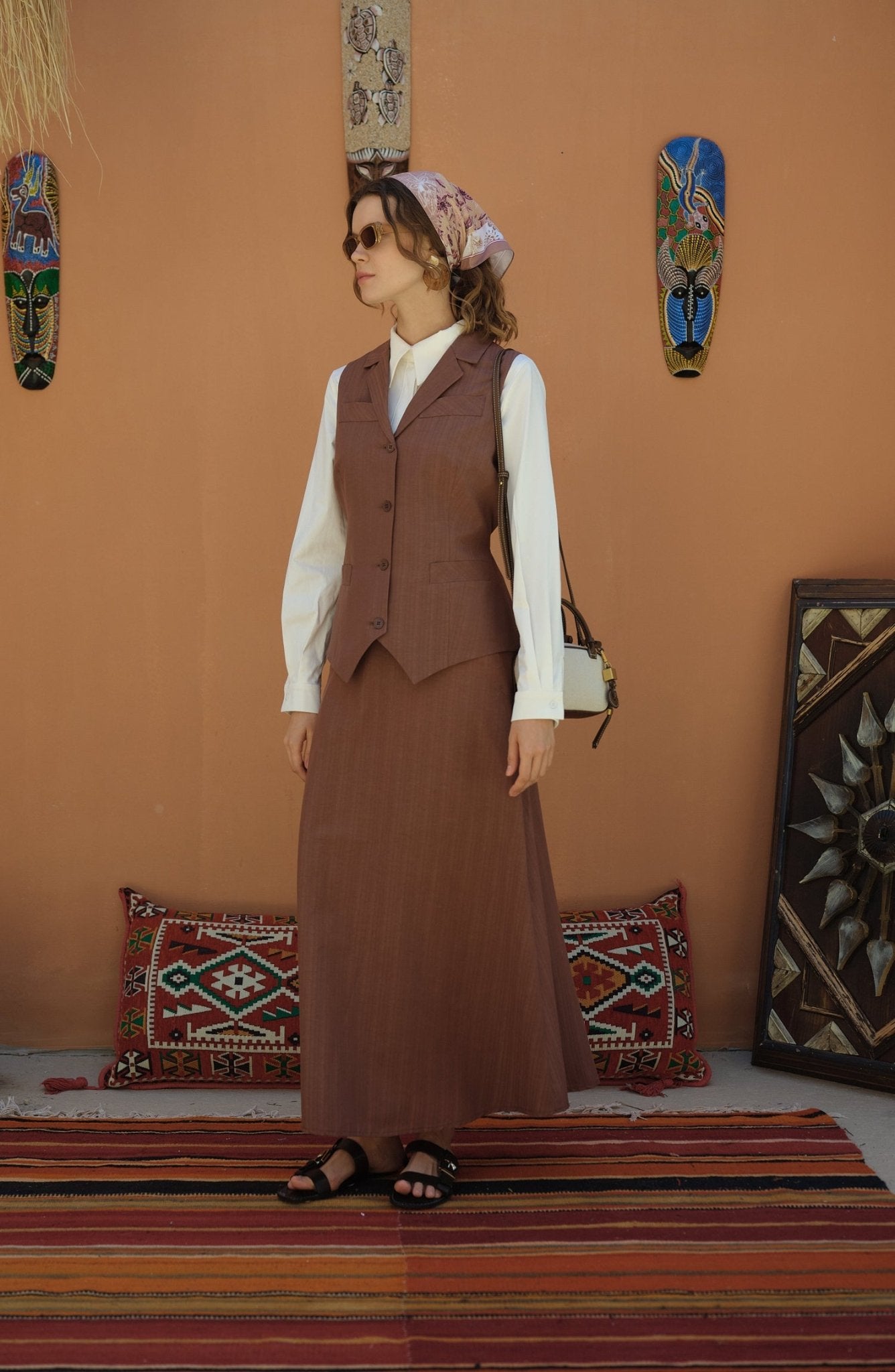Kendinden Çizgili Pamuk Çikolata Kahve Yelek Etek Takım - Fatma Atasoy