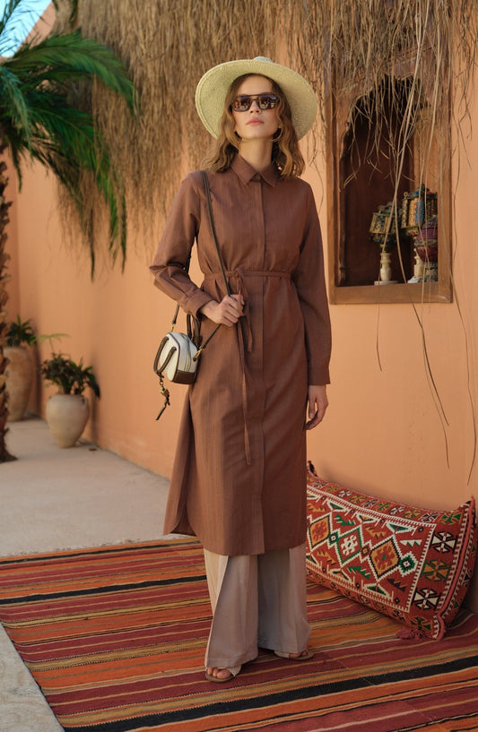 Kendinden Çizgili Pamuk Gömlek Çikolata Kahve - Fatma Atasoy